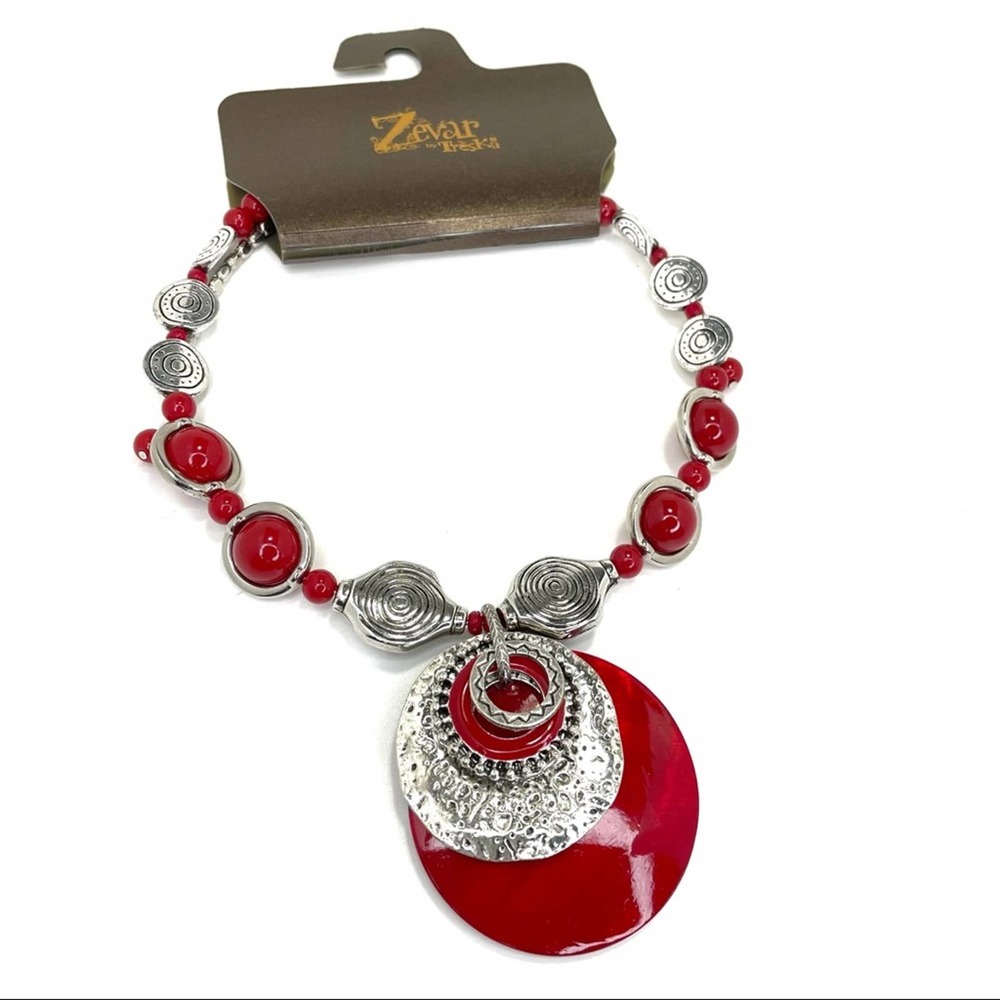 Zevar by Treska Statement Red Pendant Necklace Multi Strand